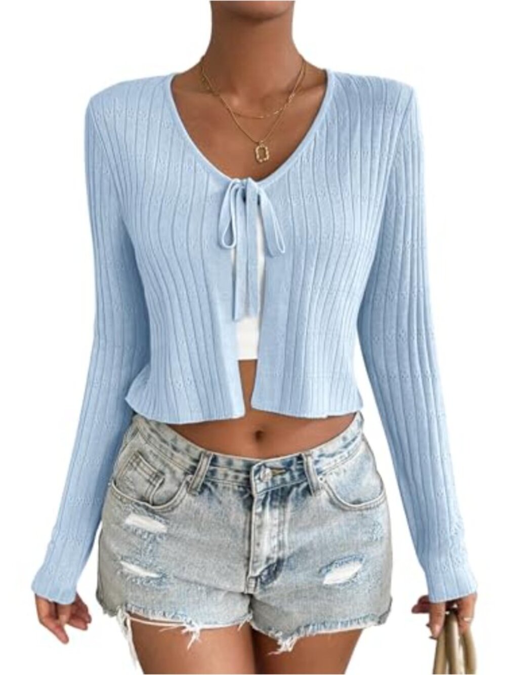 Womens Tie Front Cardigan Long Sleeve Rib Knit Shrug for Dresses